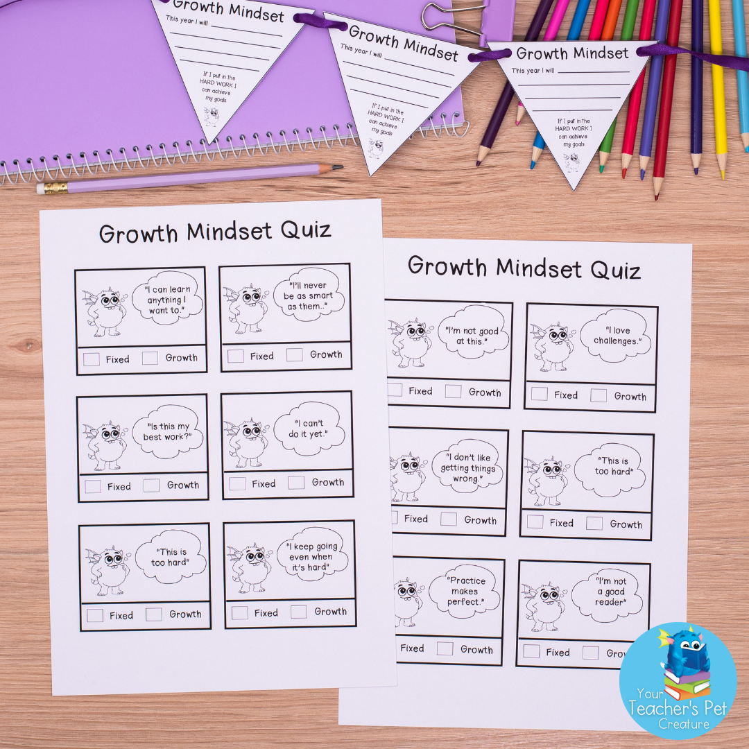 Growth Mindset Poster & Activities Pack + Quiz & Goal Setting Bunting