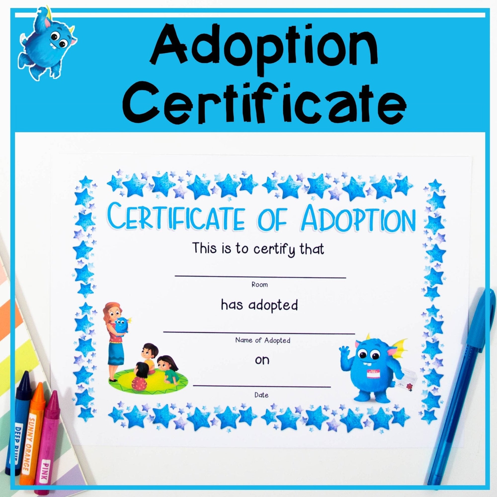 Adoption Certificate - Blue - Your Teacher's Pet Creature