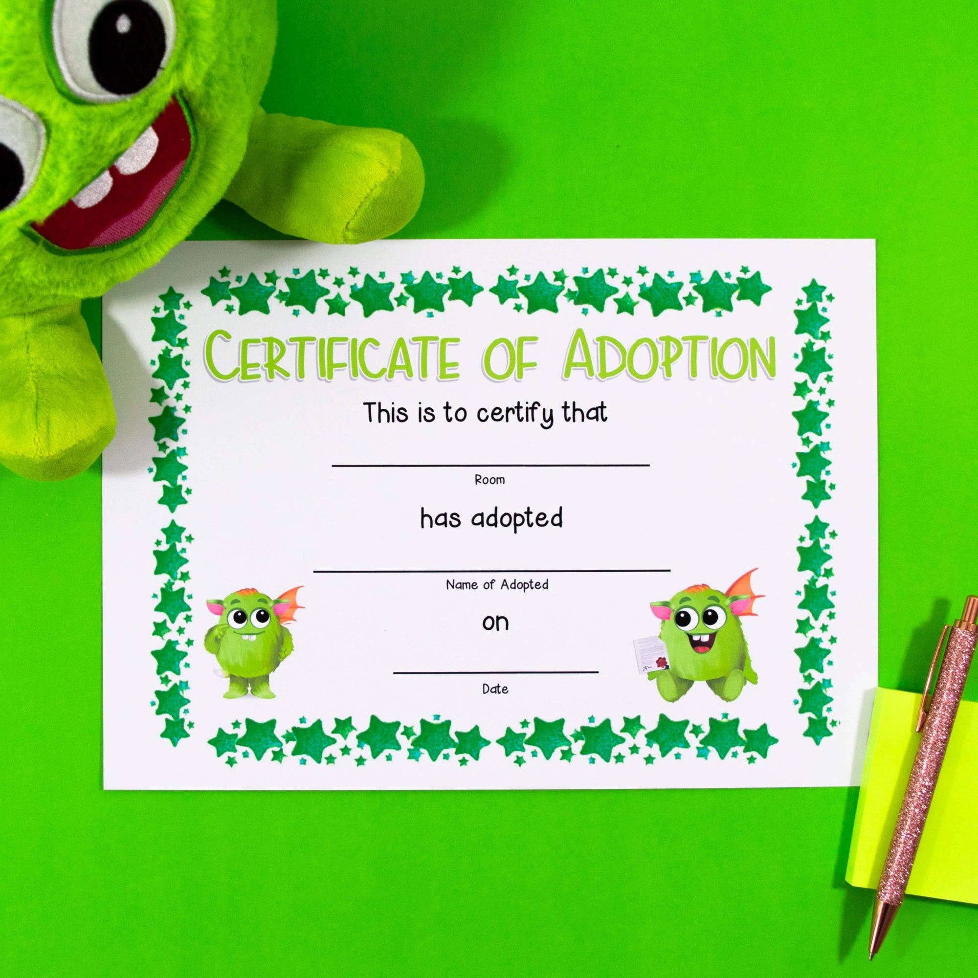 Adoption Certificate - Orange and Green - Your Teacher's Pet Creature