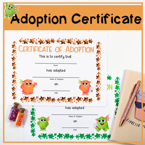 Adoption Certificate - Orange and Green - Your Teacher's Pet Creature