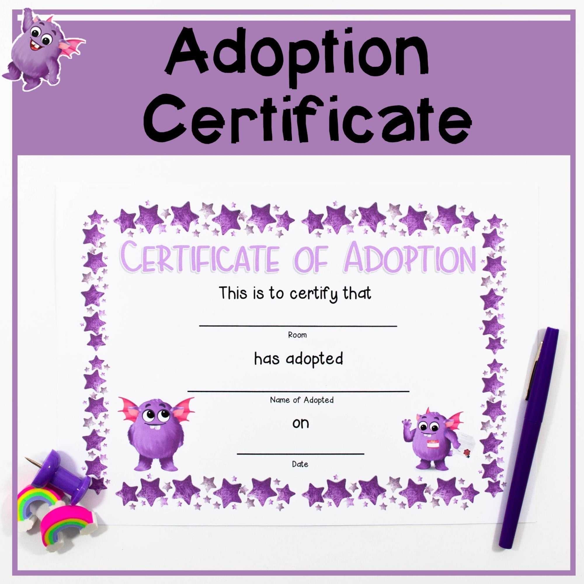 Adoption Certificate - Purple - Your Teacher's Pet Creature