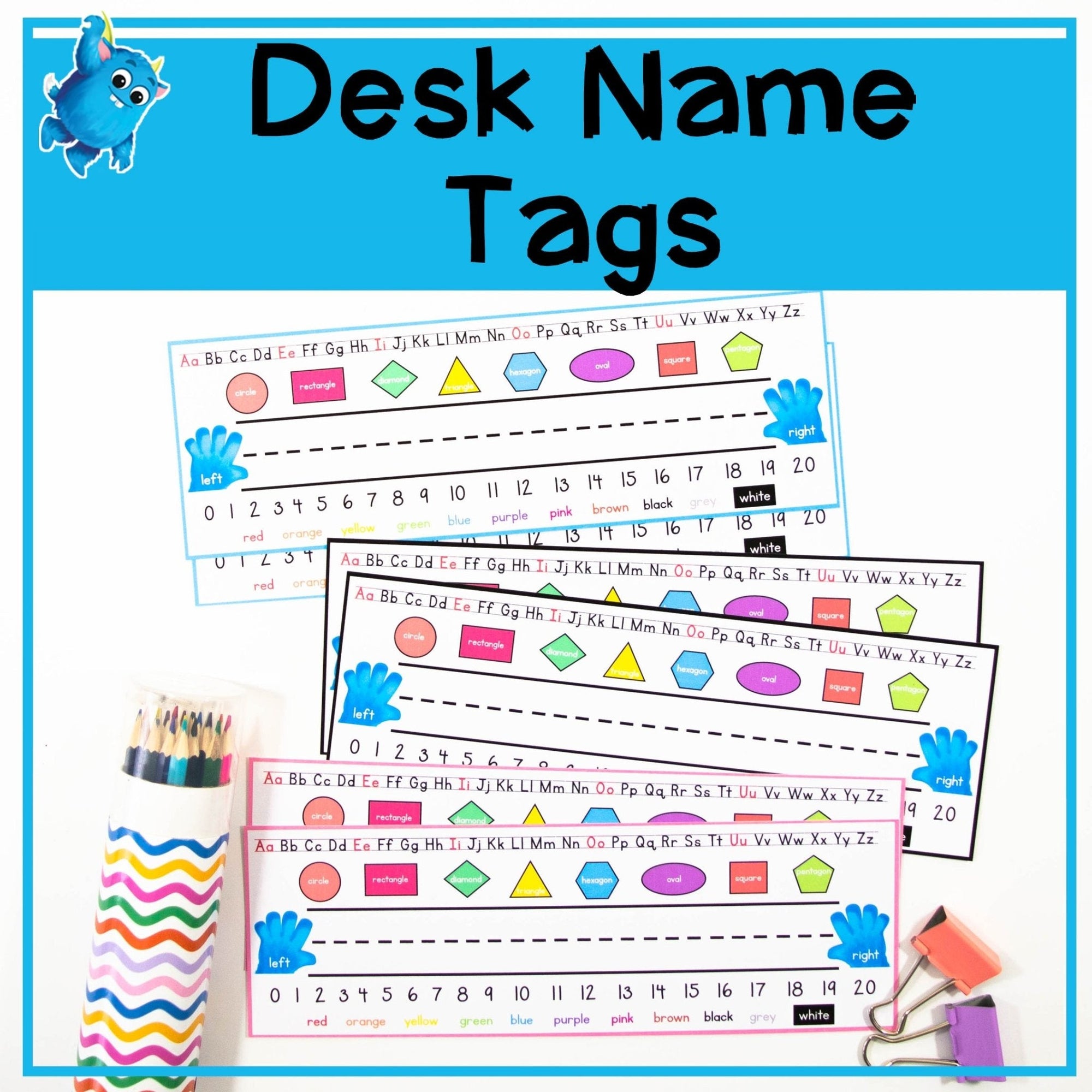 Editable Desk Name Tags for Desk Toppers - Alphabet Numbers Shapes Colours - Your Teacher's Pet Creature