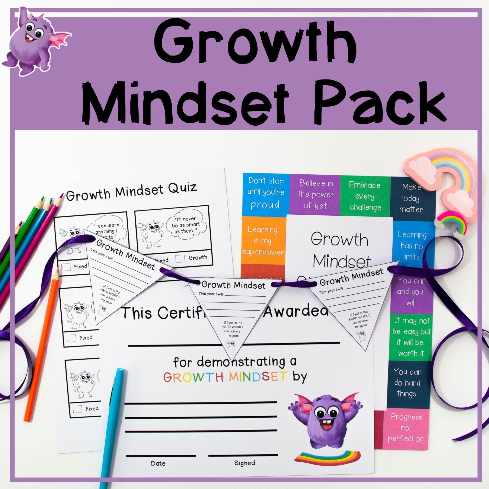 Growth Mindset Poster & Activities Pack + Quiz & Goal Setting Bunting - Your Teacher's Pet Creature
