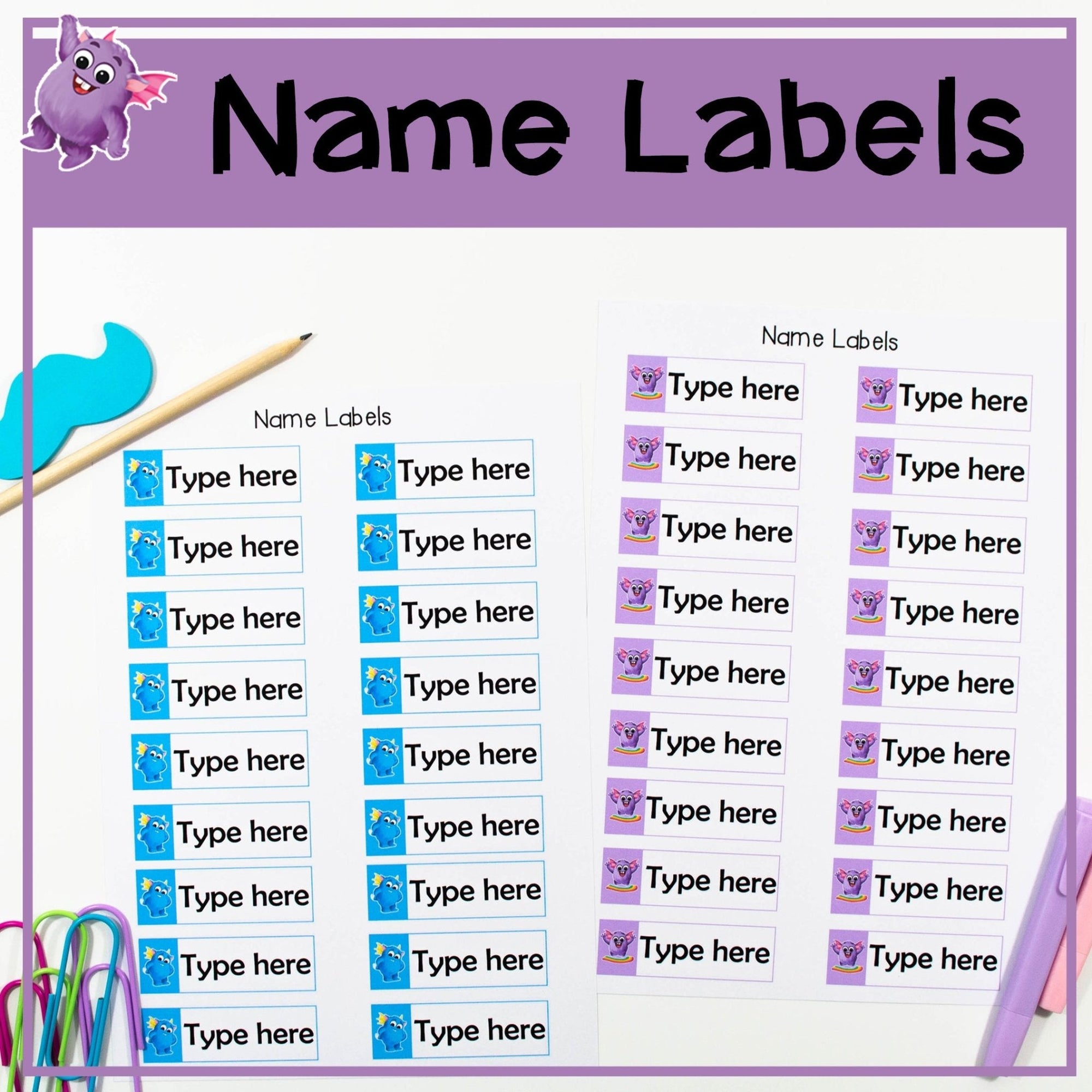 Name Labels - Blue and Purple - Your Teacher's Pet Creature