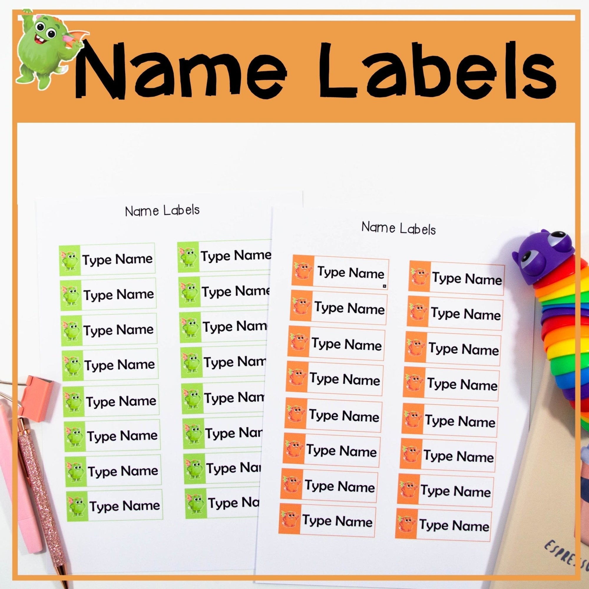 Name Labels - Orange and Green - Your Teacher's Pet Creature