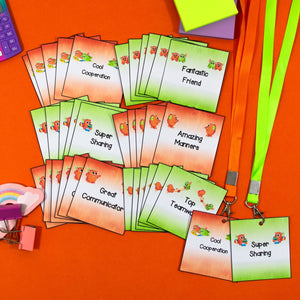 Printable Brag Tags Lanyards and Wristbands - Orange and Green - Your Teacher's Pet Creature