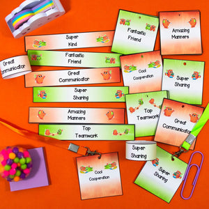 Printable Brag Tags Lanyards and Wristbands - Orange and Green - Your Teacher's Pet Creature