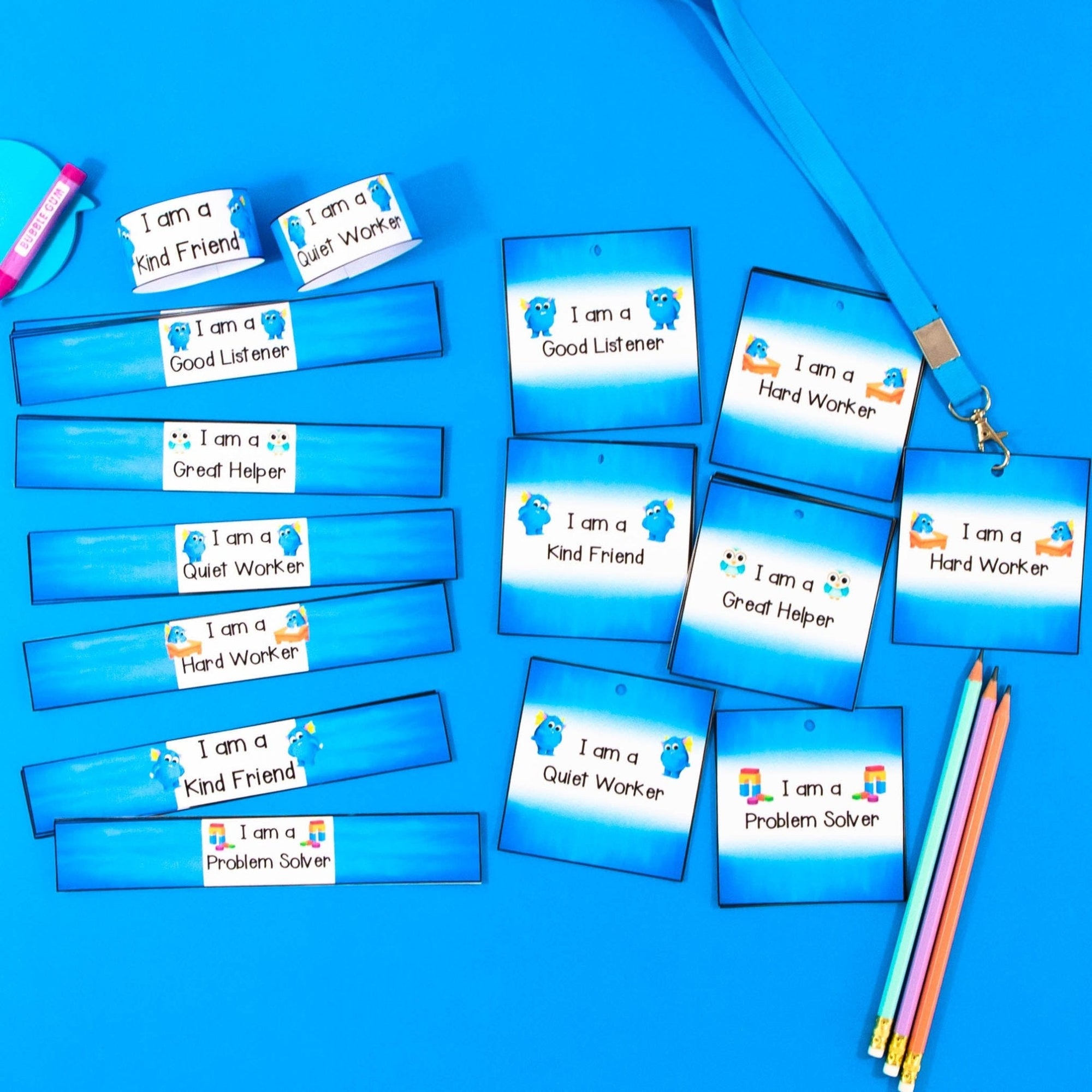 Printable Brag Tags Lanyards & Wristbands - Blue - Your Teacher's Pet Creature