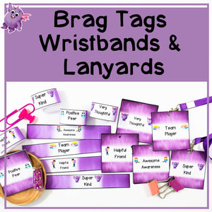 Printable Brag Tags Lanyards & Wristbands - Purple - Your Teacher's Pet Creature