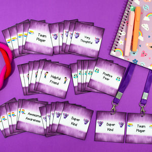 Printable Brag Tags Lanyards & Wristbands - Purple - Your Teacher's Pet Creature